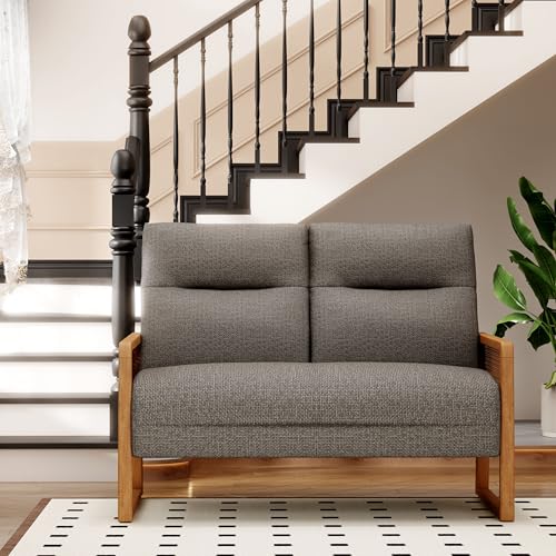 Alunaune Modern Loveseat Bench Couch with Natural Rattan Arm, Upholstered Linen Small Love Seat Sofa 2-Seats Living Room Couch Settee, Comfy Lounge Recliner Chair-Taupe - color: Taupe