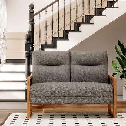 Alunaune Modern Loveseat Bench Couch with Natural Rattan Arm, Upholstered Linen Small Love Seat Sofa 2-Seats Living Room Couch Settee, Comfy Lounge Recliner Chair-Taupe - color: Taupe