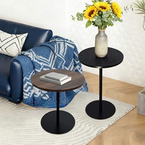 Concentric Circle Side Table Set of 2, Metal Pedestal | Nesting round tables, MDF concentric-pattern tops, metal pedestal bases, walnut brown & black