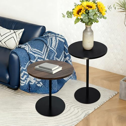 Concentric Circle Side Table Set of 2, Metal Pedestal | Nesting round tables, MDF concentric-pattern tops, metal pedestal bases, walnut brown & black