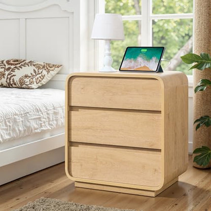 Standifurno Natural Curved Nightstand Set of 2, 23.2" Large Wood Bedside Table with 3 Drawers, Charging Station, Modern Side Table, Mid-Century End Table Night Stand for Bedroom Sofa - color: Natural, size: 3 Drawer(2PC)