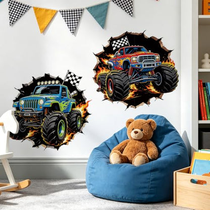 Monster Truck Through Wall Wall Decals, Wall Stickers Decor | 2 Sheets 11.8"x37.8" Vinyl Removable Peel and Stick Murals, Plant Decor for Bedroom, Bathroom, Office, Classroom & Home - style: Monster Truck Through Wall
