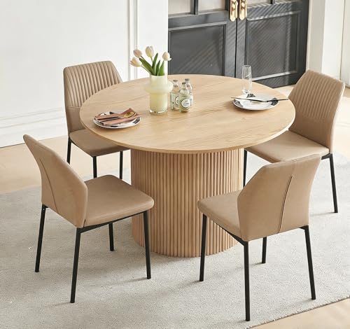 Dining Table Set for 4, 47" Wooden Round Kitchen Table with PU Leather Chairs for Kitchen Room and Small Spaces(Oak Table + 4 Beige Chairs) - color: Beige, size: 47" Oak Round Table+4 Chairs