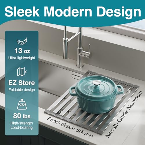 COOL-ANGLE Aluminum Roll Up Dish Drying Rack, 17.7x13.4 Inches, Matte Gray | Rust proof aviation aluminum, Heat resistant trivet up to 400F, Fits sinks up to 16.8 inches, Foldable for compact RV storage - size: Rectangle 17.7'' x 13.4''