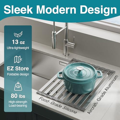 COOL-ANGLE Aluminum Roll Up Dish Drying Rack, 17.7x13.4 Inches, Matte Gray | Rust proof aviation aluminum, Heat resistant trivet up to 400F, Fits sinks up to 16.8 inches, Foldable for compact RV storage - size: Rectangle 17.7'' x 13.4''