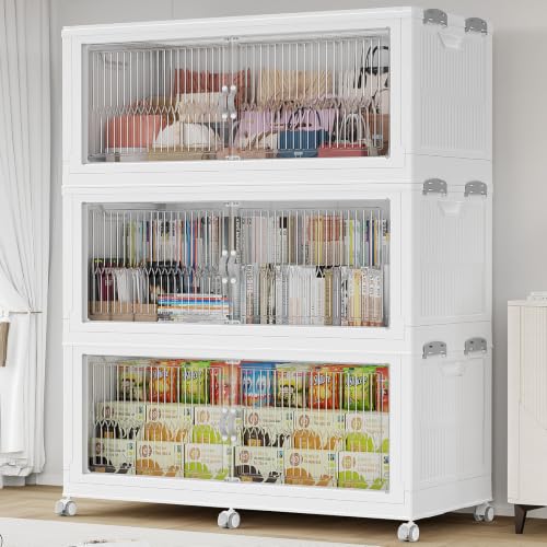 BROVIEW 1020QT Extra Large Stackable Storage Bins with Lid, 3Pack White | 255Gal Plastic Collapsible Cabinets Containers, Wheels & PET Doors, Foldable Closet Organizers Drawers for Office, Dorm - color: White, size: 85Gal-3Pack
