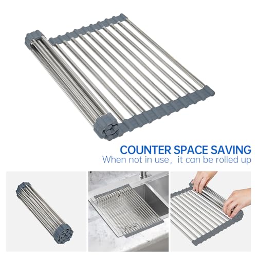 CHIRISEN Expandable Large Roll Up Dish Drying Rack, Foldable Over The Sink Dish Drying Rack, Rolling Dish Drainer Stainless Steel Roll Rack for Kitchen Sink Counter (Gray, 21.25x12.79in)