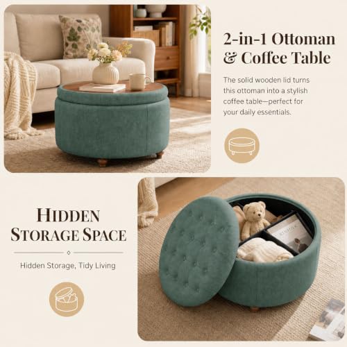 25" Round Ottoman with Storage, Small Coffee Table with Reversible Tray Lid | Tufted Fabric Round Storage Ottoman with Solid Wood Legs, 3-in-1 Footrest for Living Room, Bedroom, Entryway, Green - color: Green