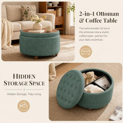 25" Round Ottoman with Storage, Small Coffee Table with Reversible Tray Lid | Tufted Fabric Round Storage Ottoman with Solid Wood Legs, 3-in-1 Footrest for Living Room, Bedroom, Entryway, Green - color: Green