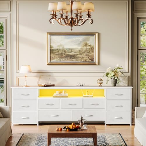 Huuger 70 Inch TV Stand for 75, 80 Inch TV, 11 Drawer Long Dresser with Power Outlets and LED Lights, Entertainment Center with Storage, White Dresser with PU Leather Surface - color: White, size: 13"D x 70.9"W x 26.8"H