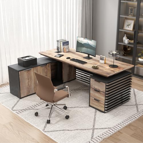 SAINTCY L Shaped Executive Standing Desk with Drawers, 70.87In Large Modern Adjustable Heigh Office Desk w/File Cabinet, AC/USB, 2.56" Thick Floating Desktop,for Home Office, Studio - color: Left, size: 62.99"D x 70.87"W x 29.5"H