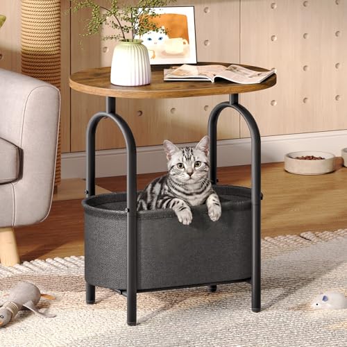 Small Round Side Table with Fabric Basket Storage, Oval End Table for Small Spaces, Modern Coffee Bedside Table, Couch Side Table for Living Room, 15.7" X 11.8" X 24", Rustic Brown 8601BZBF - color: Rustic Brown and Black