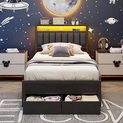 Twin Bed Frames with Storage Drawers and Upholstered Headboard | Metal Platform Bed with Charging Station, LED Lights, 2 Tier Shelves, Fabric Drawers. No Box Spring Needed, Noise Free, Grey - size: Twin