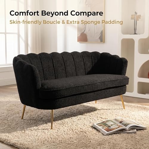 Black Modern Boucle Loveseat Couch with Gold Metal Legs | 2-Seater Upholstered Mini Sofa Couches for Small Space,Living Room Bedroom Office Dorm Studio Apartment Love Seat Couche - color: Black