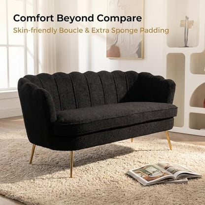 Black Modern Boucle Loveseat Couch with Gold Metal Legs | 2-Seater Upholstered Mini Sofa Couches for Small Space,Living Room Bedroom Office Dorm Studio Apartment Love Seat Couche - color: Black