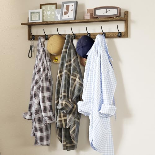 BAMEOS 35" L Wooden Coat Rack Wall Mount, Large Wall Coat Hooks with Shelf, Wall Hanging Shelf with 7 Dual Metal Hooks for Entryway, Bathroom, Kitchen, Living Room, Bedroom - style: Brown-35IN with shelf
