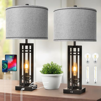 Set of 2 Farmhouse Table Lamps for Living Room,27-inch Bedside Lamps | Grey Shade Desk Lamps with USB A+C Ports, 3-Level Dimmable Touch Light, 4 LED Bulbs Included, Bedroom Home Office Nightstand - color: Gray