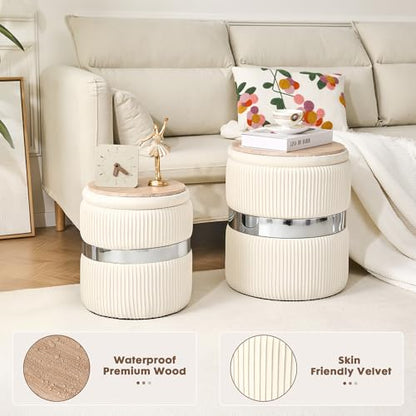 Round Ottoman with Storage Set of 2 White Velvet Vanity Stool | Upholstered,Small Ottoman Coffee Table,Removable Lid,Foot Stool for Living Room,Bedroom,Assembly Free, Silver and White - color: White