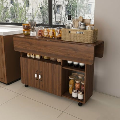 Folding Dining Table with Wheels, Drop Leaf Dinner Table with 2-Layer Storage, Space Saving Table for Small Spaces, Kitchen, Dining Room (Walnut) - color: Walnut
