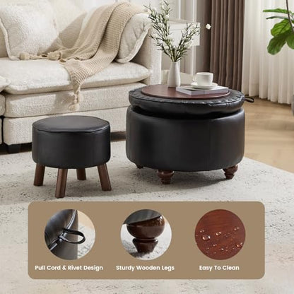 24Inch Round Storage Ottoman, Set of 2, Modern PU Leather Coffee Table with Removable Top, Upholstered Ottoman with Storage Footrest Stool for Living Room, Bedroom (Black) - color: Black