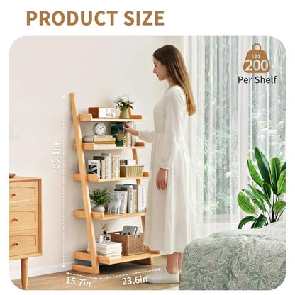 Uniclinens Natural Wooden Ladder Shelf, 5-Tier Ladder Bookshelf, Ladder Shelf Bookcase for Compact Spaces, Wooden Bookshel for Living Room, Bedroom, Home Office,(23.6''Dx15.7''Wx55.1''H) - color: Natural