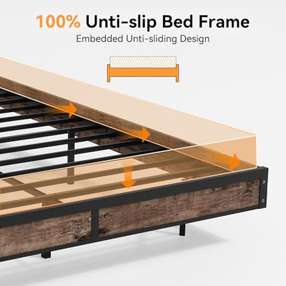 Susalt Queen Size Bed Frame with Storage Headboard, Sturdy Metal Platform Bed Frame with LED Lights and Charging Station, Easy Assembly, No Box Spring Needed, Noise Free, Rustic Brown - size: Queen