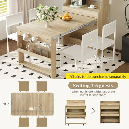Wood Buffet Cabinet with Folding Dining Table, Craft Cabinet with Fold Out Table and Storage Shelf, Hooks, Multifunctional Cupboard for Small Places,Studio, Apartment (Natural) - color: Natural