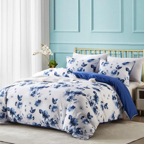 Cupocupa Queen Duvet Cover Set - 3pc Blue Floral Art Deco Bedding - Soft Botanical Print Polyester Duvet Cover with 2 Pillowcases - All Season Reversible Comforter Cover (Queen, Blue Floral) - color: Blue Floral, size: Queen