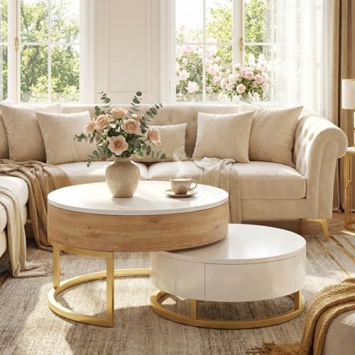 Modern Round Lift-top Nesting Coffee Tables with 2 Drawers for Living Room White & Natural - color: Oak Natural Wood + Antique White