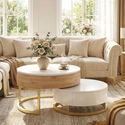 Modern Round Lift-top Nesting Coffee Tables with 2 Drawers for Living Room White & Natural - color: Oak Natural Wood + Antique White