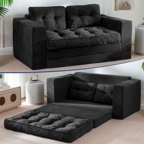 MAXYOYO Folding Sofa Bed, Convertible Sleeper Loveseat with Pillows | 2-Person Fold-Out Loveseat, Convertible Sleeper Bed with Supportive Pillows for Relaxing or Overnight Guests, Black - color: Black