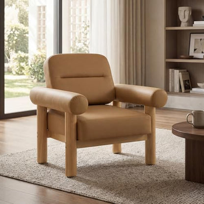 HNY 1-Pack Mid-Century Faux Leather Barrel Chair, Light Brown | Comfy Round Upholstered Armchair, Solid Wood Frame With Open Back, Lounge Side Club Chair for Living Room, Bedroom, Office - color: Light Brown, size: 1