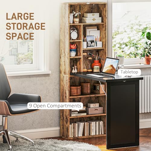 HOMCOM Foldable Desk Wall Mounted Convertible Table, Rustic Brown | Wall Mounted, Space-Saving, Chalkboard, Storage Shelves, for Small Spaces, Home Office, Bedroom, Dorm, Apartment - color: Rustic Brown