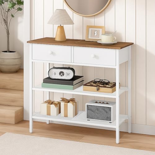 HOOBRO 29.5" Narrow Console Table with 2 Fabric Drawers, Sofa Table, Small Entryway Table with 3-Tier Storage Shelves, Behind Couch Table, for Living Room, Hallway, Walnut and White WH72XG01 - color: Walnut + White
