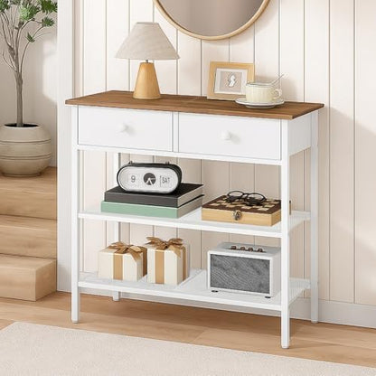 HOOBRO 29.5" Narrow Console Table with 2 Fabric Drawers, Sofa Table, Small Entryway Table with 3-Tier Storage Shelves, Behind Couch Table, for Living Room, Hallway, Walnut and White WH72XG01 - color: Walnut + White