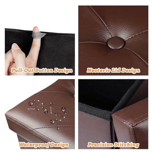 Ottoman with Storage Foot Stool, 17 Inches Folding Storage Ottomans, Leather Upholstered Ottoman Foot Rest with Side Pockets, Suitable for Living Room, Bedroom, Cafe (Brown Rhombus) - size: 17"D x 12.5"W x 12.5"H