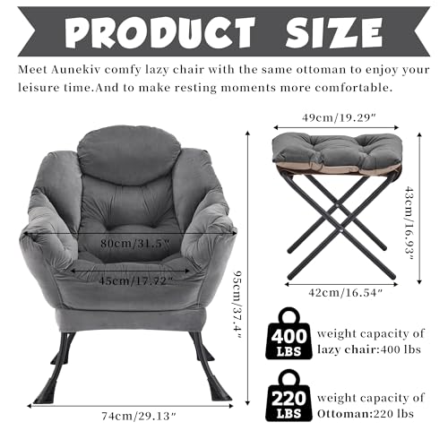 Lazy Chair with Ottoman, Comfy Reading Chair, Darkgrey | Cushioned Seat with Foldable Ottoman and Side Pocket, Lounge Chair for Bedroom, Living Room, Dorm and Small Spaces - color: Darkgrey