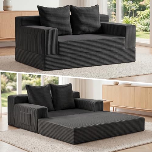 Boneless Loveseat Small Couch Bed, Futon Sleeper Sofa Bed,Convertible Pull Out Couch with 2 Pillows,Corduroy Folding Floor Couch for Living Room,No Assembly Required,Black - color: Black, size: 53.9inch