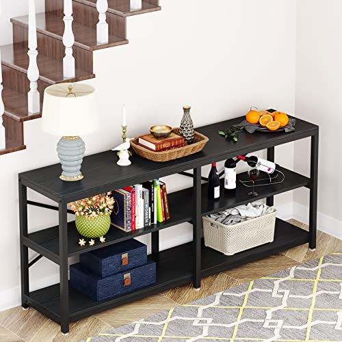 LITTLE TREE 70.9 Inch Long Console Sofa Table 3-Tier Industrial Sofa Table Behind Couch Table Hallway Entryway Table for Living Room, Black - color: Black