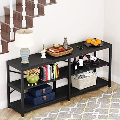LITTLE TREE 70.9 Inch Long Console Sofa Table 3-Tier Industrial Sofa Table Behind Couch Table Hallway Entryway Table for Living Room, Black - color: Black