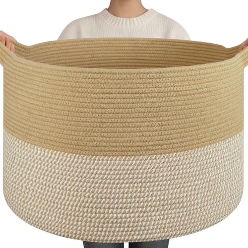 OIAHOMY 90L XXXLarge Blanket Basket for Living Room, 21.7" x 13.8" Woven Cotton Rope Laundry Basket for Organizing Pillows, Decorative Stuffed Animal Toy Storage for Nursery, Jute and White - color: Jute and White, size: 21.7"D x 13.8"H