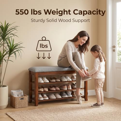 SolidWood Entryway Shoe Rack Storage Bench, Flip-Top Soft-Close Lid, 39.4'' | 550 lbs Max Load, Adjustable Shelves, Cushioned Entryway Shoe Organizer for Closet, Hallway, Foyer - size: 39.4"