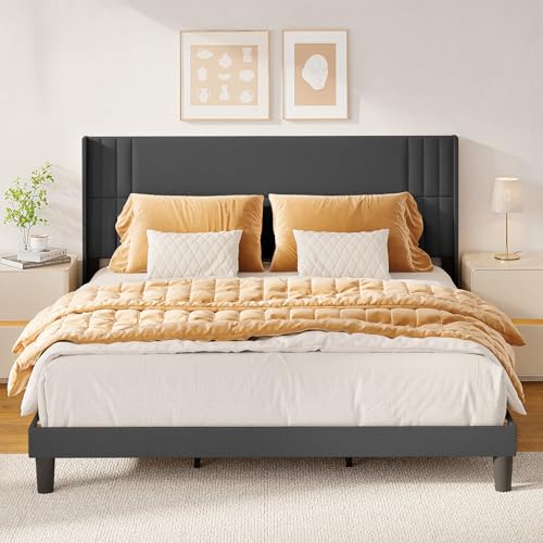 Gizoon King Bed Frame with Wingback Headboard, Upholstered Platform Bed | Bed Frame with Padded Headboard,Wooden Slats, Noise-Free, No Box Spring Needed, Easy Assembly,Dark Grey - color: Dark Grey, size: King