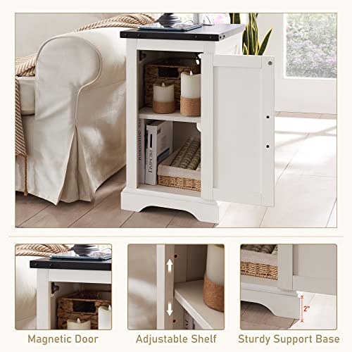 Farmhouse 17" Nightstand with Charging Station, White | Rectangular/ Rustic End Table with Barn Door /Adjustable Shelf/ Wood Sofa Side Table/ for Living Room, Bedroom - color: White Color