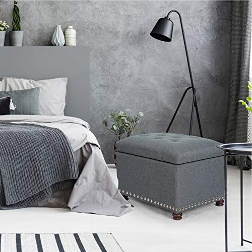 Adeco Classy Linen Blend Fabric Accents Rectangular Storage Bench Ottoman Footstool, Footrest Side Table for Living Room Bedroom, Gray - color: Grey
