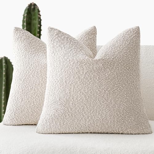 Foindtower Set of 2, Decorative Textured Boucle Throw Pillow Covers Accent Solid Pillow Cases Neutral Cozy Couch Cushion Case for Chair Sofa Bedroom Living Room Home Decor 16 x 16 Inch Ivory Beige - color: Beige, size: 16" x 16" (Pack of 2)