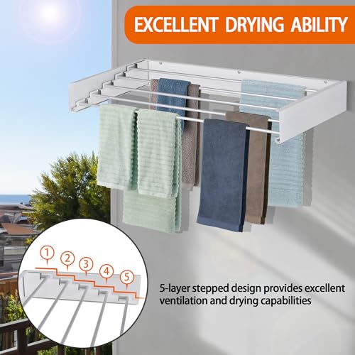 Laundry Drying Rack Wall Mounted Clothes Drying Rack Collapsible with 5 Aluminum Rods and Drilling Template Long Screwdriver Bit 60 lbs Capacity (White, 31.5") - color: White, size: 31.5"