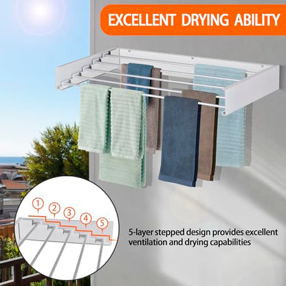 Laundry Drying Rack Wall Mounted Clothes Drying Rack Collapsible with 5 Aluminum Rods and Drilling Template Long Screwdriver Bit 60 lbs Capacity (White, 31.5") - color: White, size: 31.5"