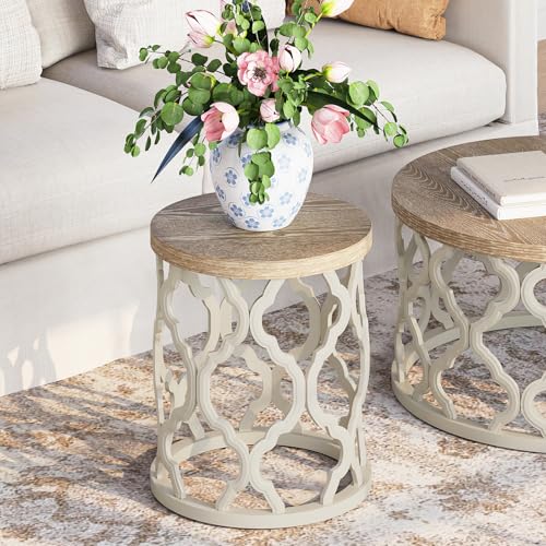 karlott Farmhouse End Table, French Country Round Side Table, Beige | Curved Motif Frame Base With Distressed Tray Top, Boho Accent Table Ideal, End Tables for Living Room, Small Space, Bedroom - size: End Table 18.5 Inches