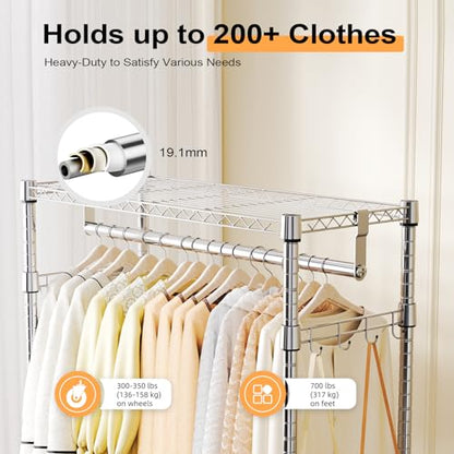 M MZG Heavy Duty Rolling Garment Rack 3 Tiers Adjustable Wire Shelving Clothes Rack with 2 Rods and Side Hooks,Storage Closet Clothing Rack with Wheels Chrome 15.7" D x 29.5" W x 74.5" H - color: Chrome, size: 3 Tier with 2 rod, 15.7"D x 29.5"W x 74.5"H